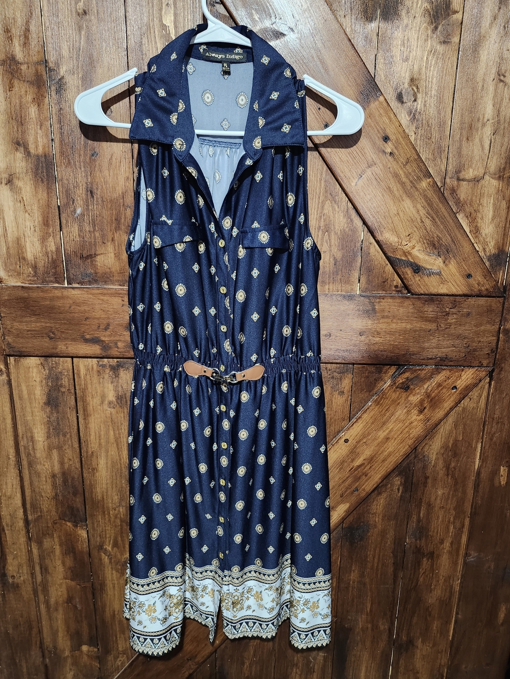 Sleeveless Navy Midi Dress with Gold Medallion Print